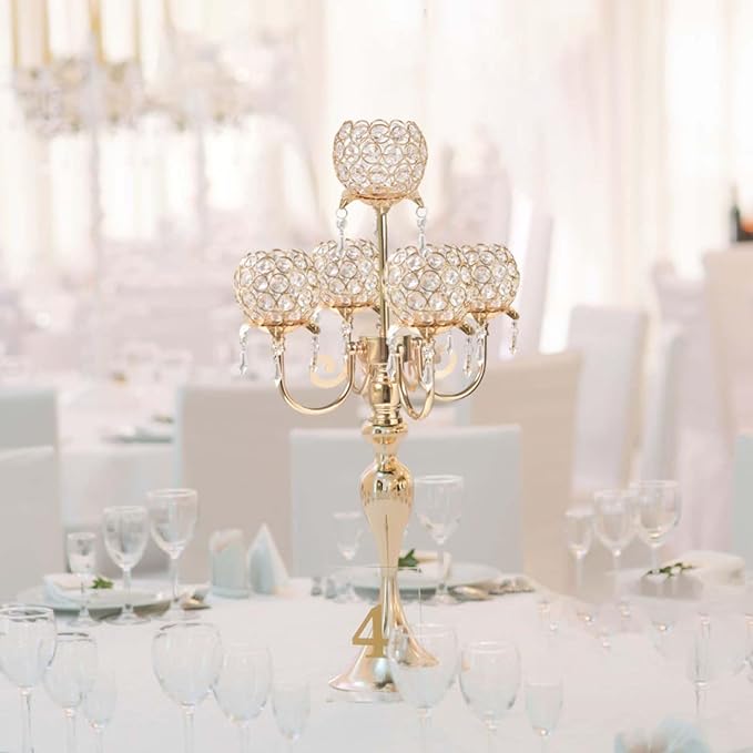 Set of 4 Candlesticks 5 Arm Crystal Strap Pendant Gold Table Decor Candelabra, 22.5 inches Elegant Dining Room Centerpieces for Holiday Parties Weddings (4, Gold)