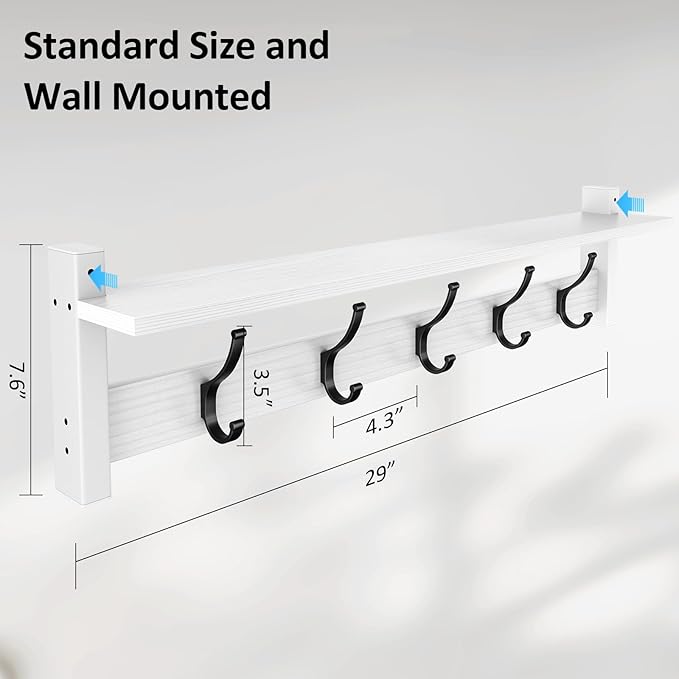 Optish Coat Rack Wall Mount with Shelf, 29 Inch Coat Hanger Walls Mounted, Hat Rack for Walls, Shelf with 5 Coat Hooks, Wall Hanger for Entryway (White)