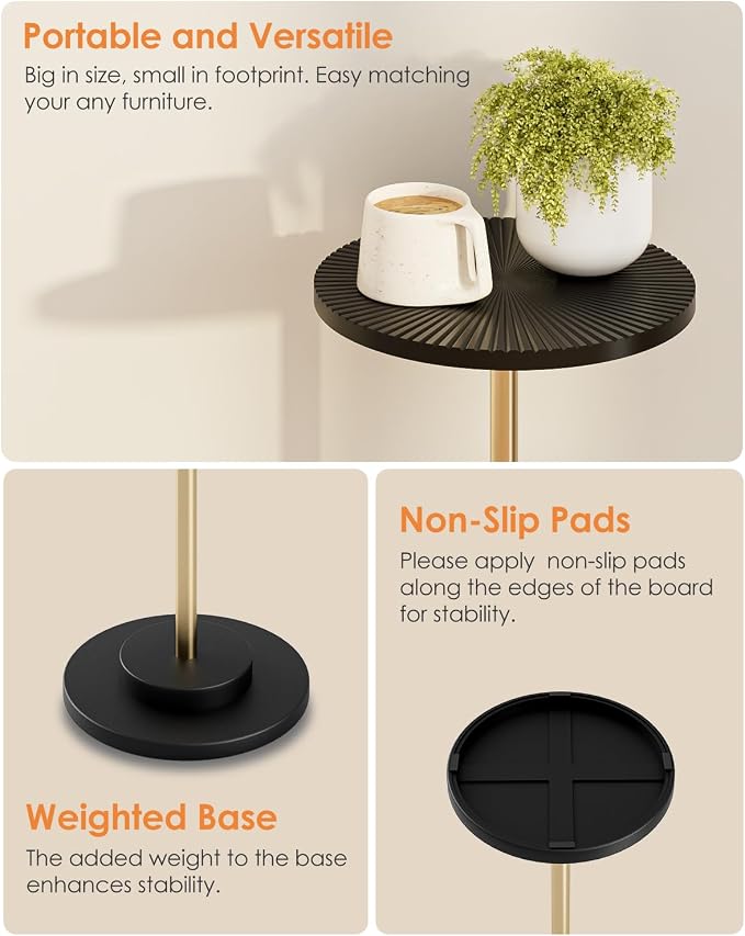 Round Side Table, Small Drink Table for Small Spaces, Modern Accent End Table with Metal Leg for Living Room, Bedroom, Corners, and Office (Black Gold)