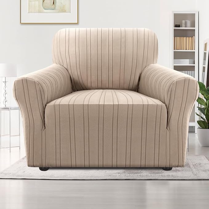 H.VERSAILTEX High Stretch Chair Covers 1-Piece Couch Cover Non Slip Sofa Cover with Elastic Bottom Sofa Covers Washable Polyester Spandex Jacquard Fabric Stripe Design(Armchair-Standard, Sand)