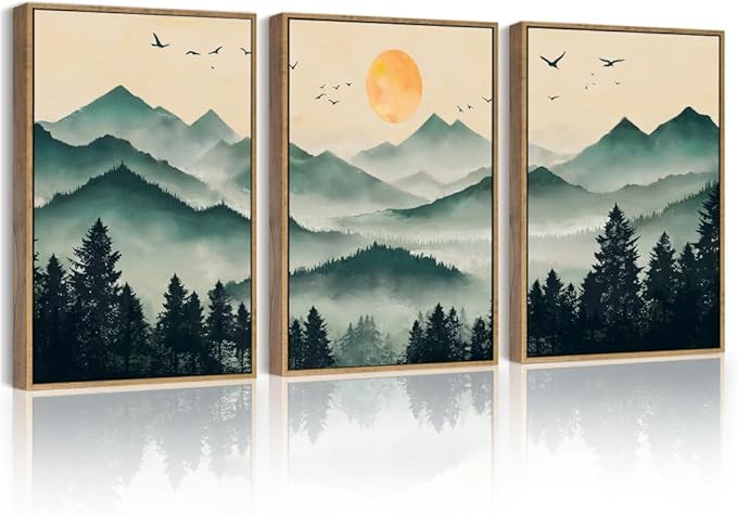 PHOPAGO Mountain Landscape Fog Pine Tree Framed Wall Art Watercolor Nature Misty Forest Artwork Paints Sun Rise Farmhouse Rustic Decor for Kitchen Hallway - 11x14in Natural Framed