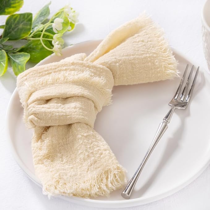 MLMC 10 Pack Beige Cream Cloth Napkins with Fringe Boho Linen Napkins Washable Reusable Rustic Dinner Table Decor 17"×17" for Wedding Party Bridal Baby Shower Home Decor