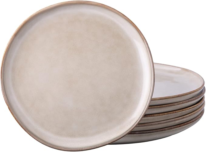 AmorArc Ceramic Plates Set of 6, 8.5 Inch Handmade Reactive Glaze Stoneware Plates set for Dessert, Salad, Appetizer, Dinner, Microwave & Dishwasher Safe, Scratch Resistant-Cappuccino