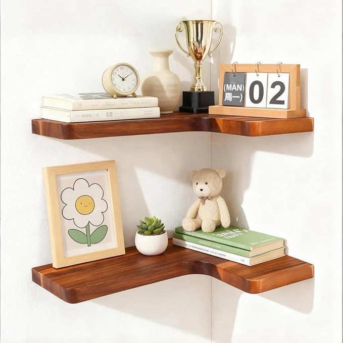 Floating Corner Shelves, Wall Shelf Set of 2, Shelves for Wall Storage, Solid Wood Shelves for Storage, Wall Mount Wooden Display Shelf for Bathroom Bedroom Kitchen Garage (Acacia 2pcs)