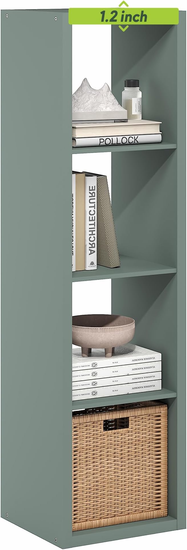 Furinno Cubicle Book Shelf, Vertical 4-Cube Bookshelf, Extra Thick Horizontally & Vertically Reversible Bookcase with Open Back, 14.6" x 16" x 58", for Living Room, Bedroom, Home Office, Sage Green