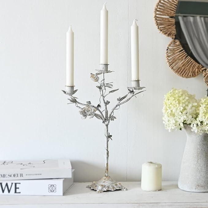 Vintage Rustic Iron Taper Candle Holder 3 Arms Flower Metal Candelabra Distressed White Candlestick for Centerpiece Table Mantel Handmade Candle Stick Stand for Wedding Dining Party Home Xmas Decor