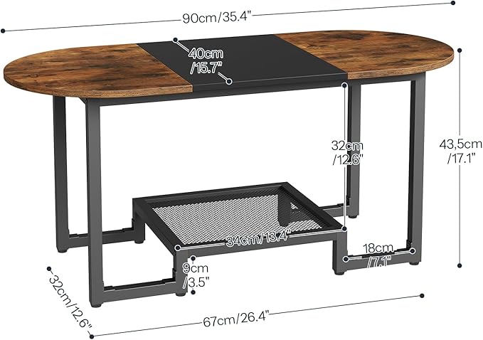 HOOBRO Coffee Table, Oval Small Coffee Table with 2-Tier Storage Shelf, Narrow Modern Center Table for Small Spaces, Living Room, Bedroom, Office, Rustic Brown and Black BFK12KF01