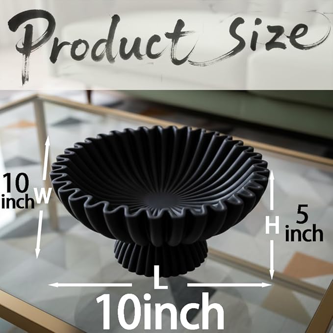 10" Large Decorative Bowl decor, Scalloped Bowls for Modern Home Decor,Ruffle Decor,Stylish Key Bowl for Entry Table,Decorative Fruit Bowl for Kitchen Counter,With base,Black