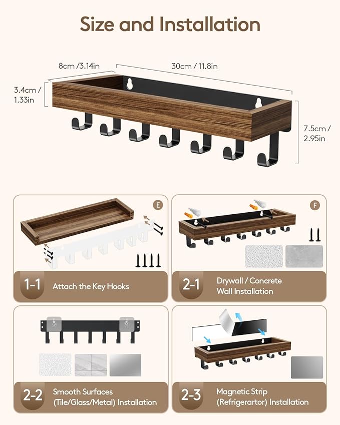 Key Holder Wall Mount Adhesive Magnetic - Hanging Key Hooks with Mail Organizer Tray for Wallet House - Keys Hanger Rack with Shelf for Camper Entryway Door Home Living Room Decor Large Rustic