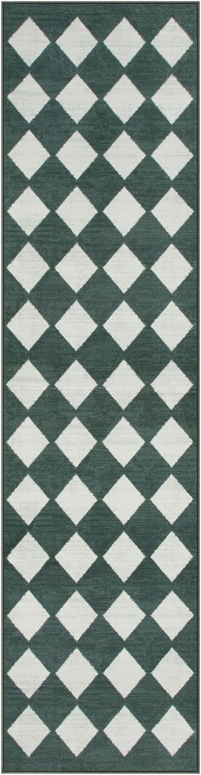 Lahome Zelie Checkered Washable 2x8 Green Runners for Hallways Non Slip, Ultra-Thin Kitchen Bathroom Runner Rugs, Moroccan Trellis Throw Carpet Runner for Bedroom Entryway Decor (2'x8',Dark Green)