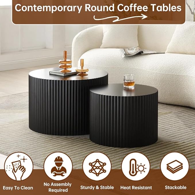 Black Nesting Coffee Table Set of 2 Modern Round Fluted Coffee Table Small Round End Table Side Table Circular Coffee Tables Circle Nested Coffee Tables for Living Room (Black Large)