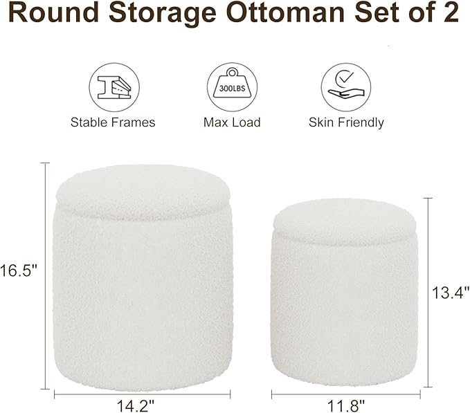 Round Boucle Ottoman with Storage Set of 2, White Ottoman Poufs for Living Room, Sherpa Storage Ottoman Stool, Cute Teddy Foot Rest, White Makeup Vanity Stool Chair, Small Coffee Table