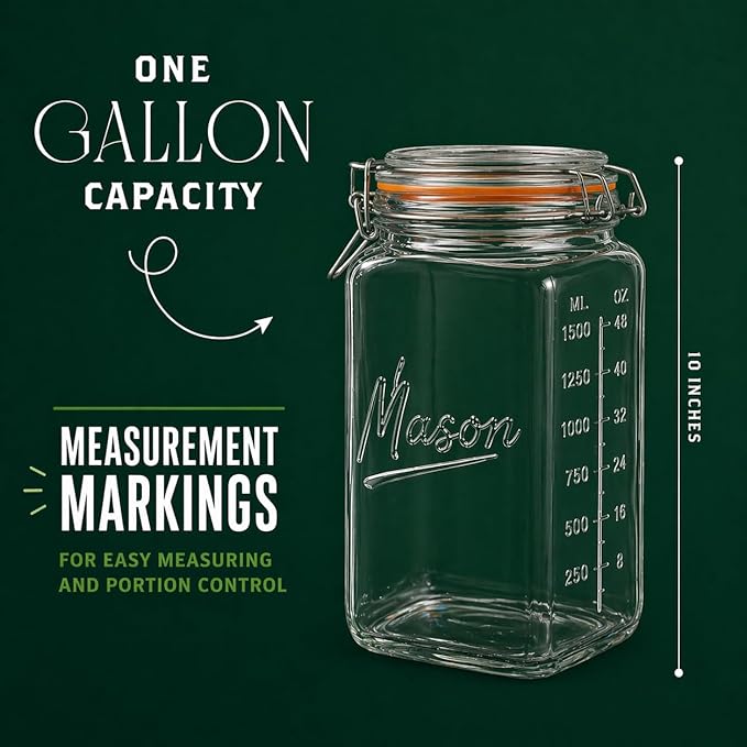 1 Gallon Glass Jars with Swing Top Lids - Extra Large Mason Jars Wide Mouth with Airtight Glass Clamp Lids - Square Glass Storage Containers with Measurements for Flour, Sugar & Pickling, 3 Pack
