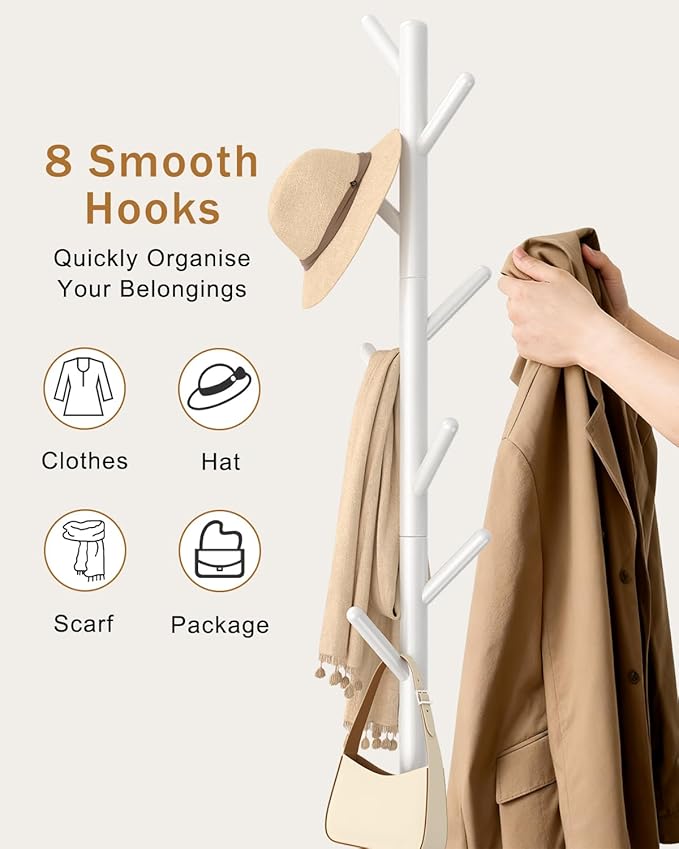Yawinhe Coat Rack, Sturdy Woode Stand Tree with 8 Hooks, 3 Adjustable Height for Bedroom, Hallway, Entrance, Office, 11.8 x 70.8 inches, White, 1-Pack, Square Base