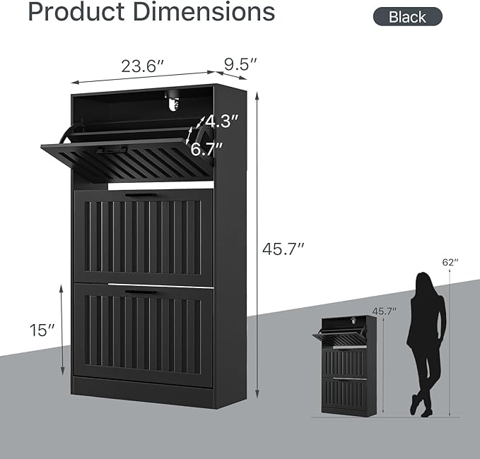Shoe Storage Cabinet for Entryway with 3 Flip Drawers, Wooden Shoe Organizer with Adjustable Shelf, Freestanding Wood Fluted Panel Shoes Cabinet Closed Shoe Rack for Hallway Foyer, Black