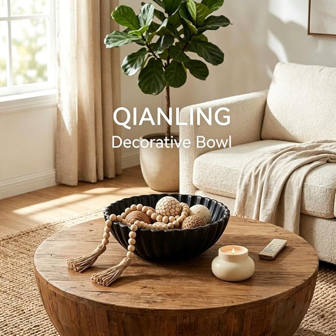 QIANLING Resin Large Black Decorative Bowl for Home Decor - Black Ruffle Fruit Bowl for Kitchen Counter Entryway or Coffee Table or Table Decor - Centerpiece Bowls for Keys, Fruit, Candy