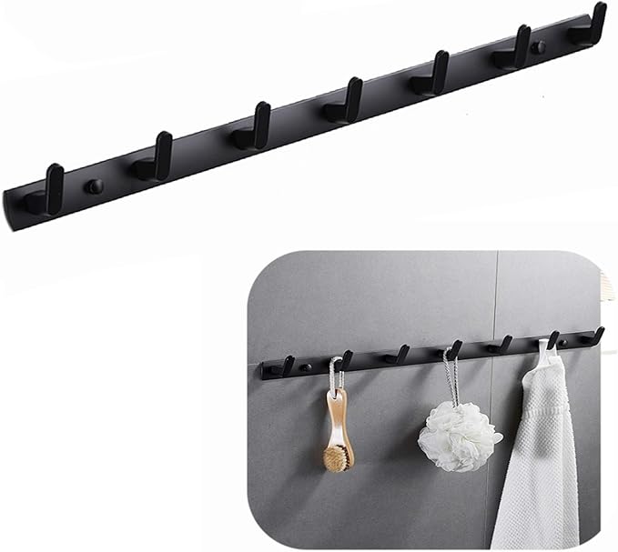 Wall Mounted Coat Racks with 7 Hooks Hanging Holder Towel Rack 25.7"x1.3" Modern Black Hanging for Clothes Entryway Bathroom (7 Hooks)