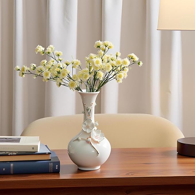 MTME Porcelain vase with Flowers, Plum Blossom, Memorabilia, Wedding Gifts, Aesthetic Sculpture Home décor (White)