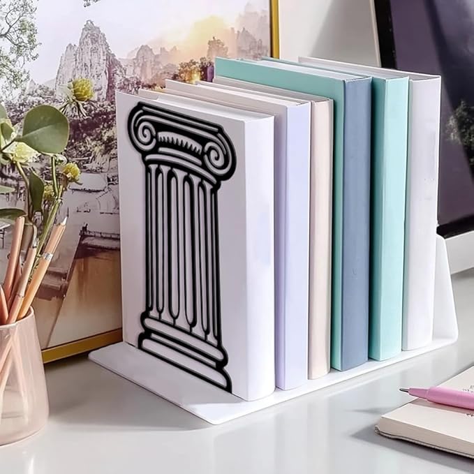 Peacoblue Metal Bookends for Shelves, Modern Decorative Heavy Duty Study Book Ends Stoppers for Office, Desk, Shelf, Room 5.3"x4.3"x7.9" Cast Iron Simple Tall Bookends 1 Pair (Roman Columns)