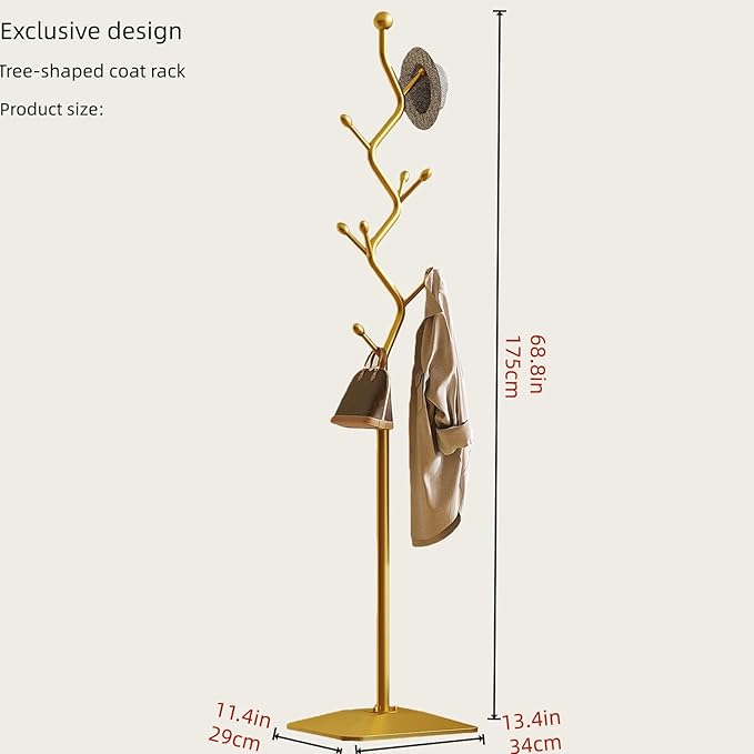 Sturdy Metal Coat rack Tree – Anti-Tip Design with 8 Hooks, Perfect for Home, Dorm, or Office Organization (gold)