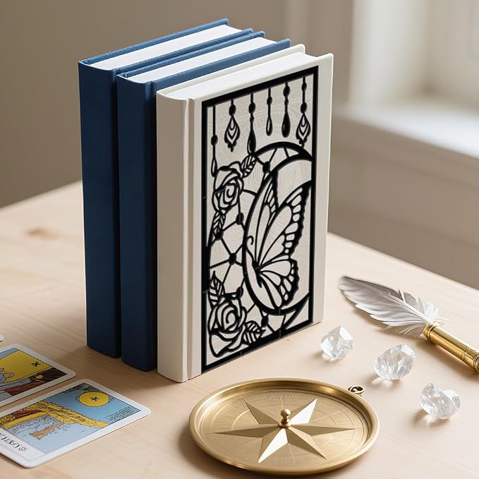 WADORN 1 Pair Moon Butterfly Rose Metal Decorative Bookend for Shelves, Heavy Duty Book Ends Modern Non-Skid Books Holder Stand Black Book Support Stoppers for Desk Bookshelf Office, 5.3x4.3x7.9 Inch