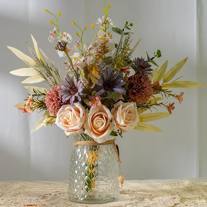 Silk Flowers with Vase, Artificial Flowers Arrangement with Glass Vase Faux Rose for Decoration Table Centerpiece (Rose Champagne)