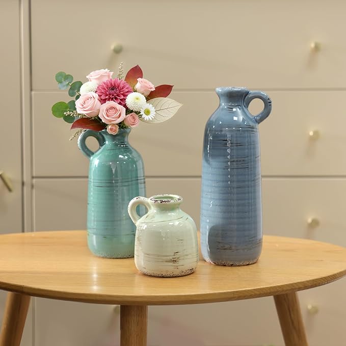 Ceramic Vase Set of 3, Vase with Handle, Modern Farmhouse Vases for Pampas Grass & Dried Flowers, Flower Vase for Table Living Room Home Decor-Multicolor