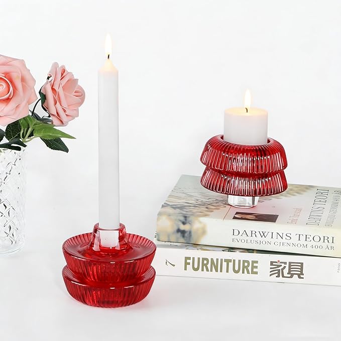 Mushroom-Shaped Candle Holders Set of 4 for Table Centerpiece, Glass Tealight Candlestick Holder for Wedding Party Decor, Vintage Tea Lights Candle Holder for Home Decoration (Red)