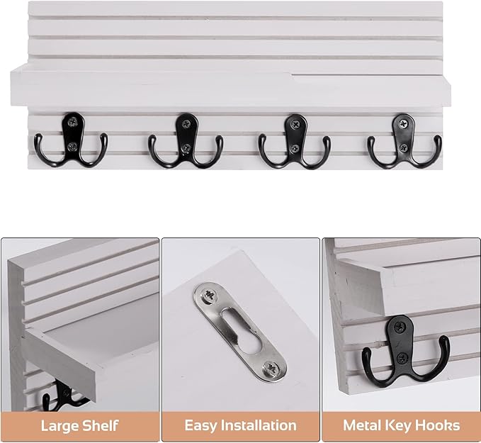 Decorative Key Hanging Rack with 4 Double Hooks – Easy Install Natural Wooden Key and Mail Holder for Wall Mount – Entryway Decor Rack with Shelf (White)