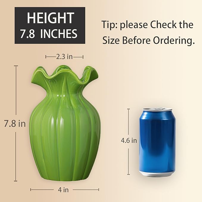 Seasonplan White Ceramic Vase, 8 Inch Flower Vase Home Decor Modern Decorative Vases for Bouquet, Unique Vases for Farmhouse Living Room Cabinet Table Centerpieces Wedding Decorations (Green)