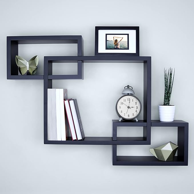 Ballucci Wooden Interweave Floating Wall Mounted Shelves, Horizontal and Vertical Display Storage Shelf for Living Room Bedroom Entryway Hallway Bathroom, 26" x 18", Black