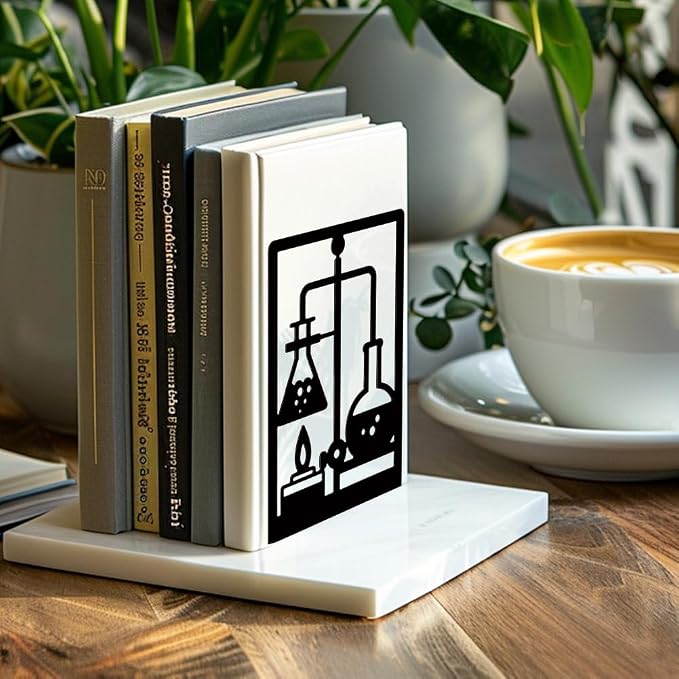 Peacoblue Metal Bookends for Shelves, Modern Decorative Heavy Duty Study Book Support Stoppers for Office, Desk, Shelf, Room 5.3"x4.3"x7.9" Cast Iron Bookends, 1 Pair (Chemistry and Lab Bottles)