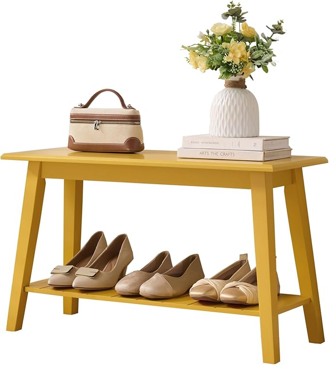 Kings Brand Furniture Delphi Wood Entryway Bench with Storage Shelf – Modern Accent Seating for Hallway, Bedroom, Living Room or Narrow Space-Saving Shoe Bench (Banana)