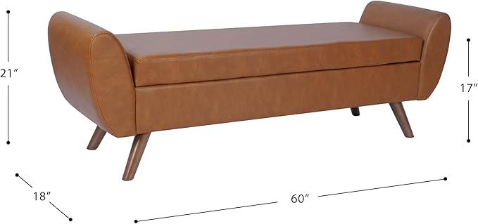HomePop Modern Storage Bench with Wood Legs |Homepop Home Décor|Bench with Storage for Living Room & Bedroom - Cognac Brown Faux Leather