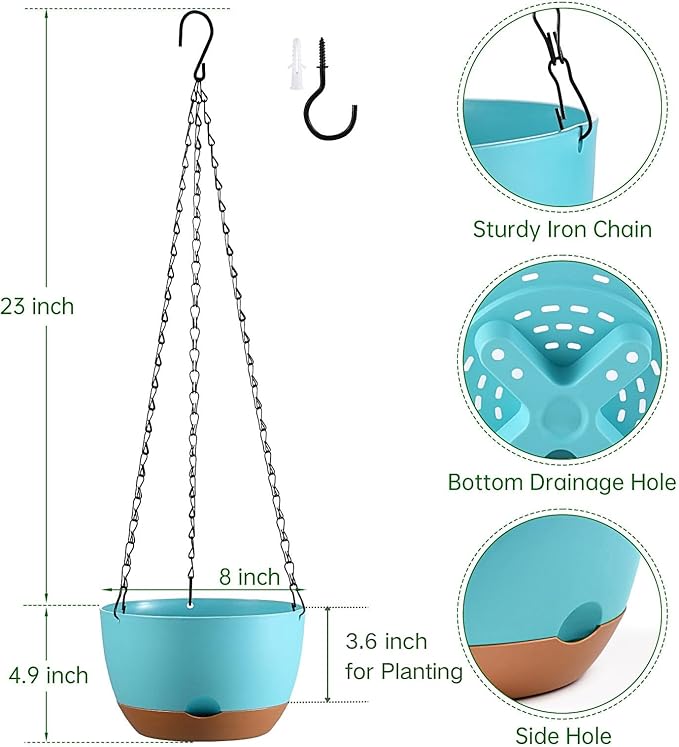 Set of 2 Hanging Planters for Indoor Outdoor Plants, 8 Inch Self-Watering Hanging Flower Pots with Drainage Hole & Removable Water-Storage Tray (Hooks)