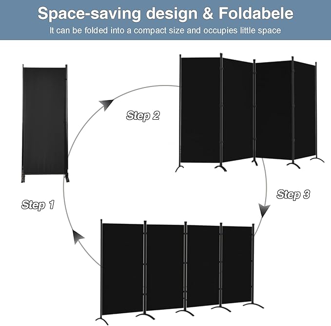 4 Panel Black Room Divider - 6ft Folding Privacy Screen with Steel Frame & Fabric, Freestanding Partition for Home & Office Separation