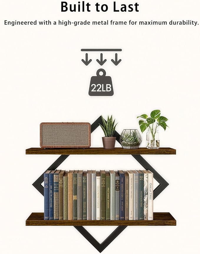 3-Piece Floating Shelves - Unique Geometric Wall Mounted Storage Set (1 Single & 2 Double Tiers), Sturdy Wood & Metal Display Shelf for Plants, Picture Frames, Living Room & Bathroom Decor