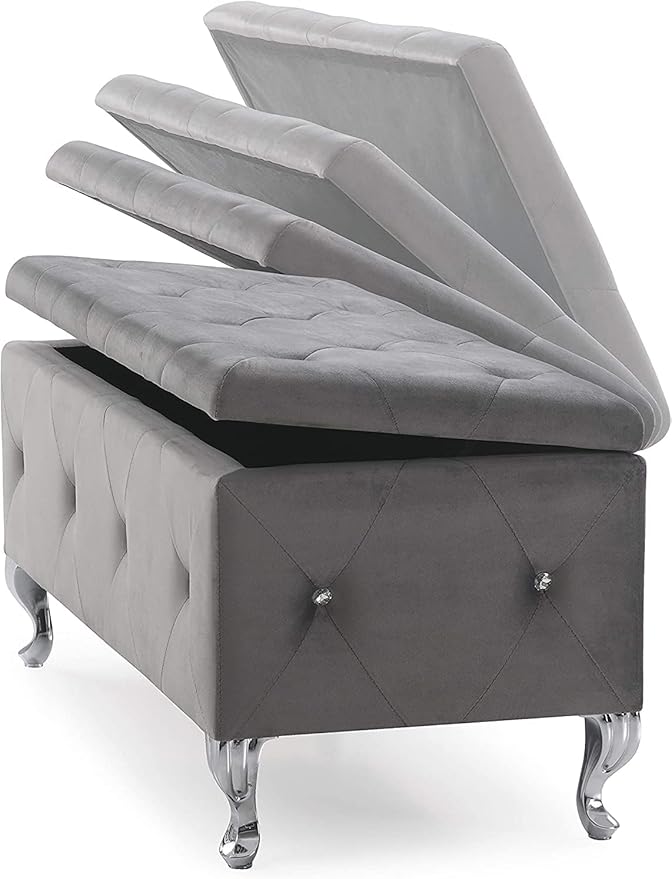 AC Pacific Glam 38 Inches Storage Ottoman Bench for Entryway, Hallway, Living Room, and Bedroom, Upholstered Tufted Faux Leather Ottoman with Storage, Foot Rest and Organizer, Fossil Gray