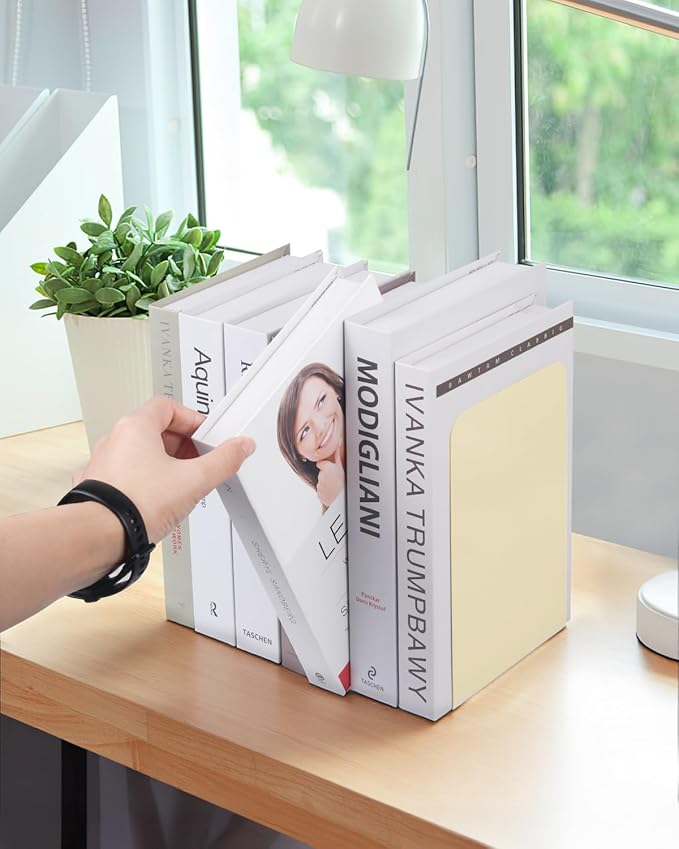 Book Ends, Bookends for Shelves, Home, Office, Metal Book Stopper for Books, Metal Bookend Supports, Modern Minimalist Style Decorative Bookend, Milky White (4Pair/8Pcs)