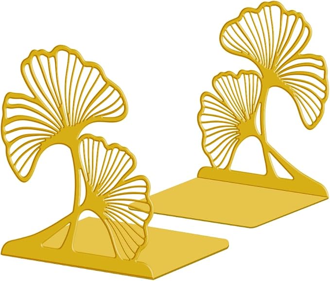 Peacoblue Metal Bookends for Shelves, Modern Decorative Heavy Duty Study Book Ends Stoppers for Office Desk Shelf, Room 5.3"x4.3"x6.1" Cast Iron Tall Bookends 1 Pair (Golden Ginkgo Leaves)