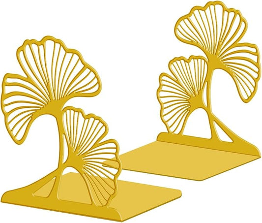 Peacoblue Metal Bookends for Shelves, Modern Decorative Heavy Duty Study Book Ends Stoppers for Office Desk Shelf, Room 5.3"x4.3"x6.1" Cast Iron Tall Bookends 1 Pair (Golden Ginkgo Leaves)