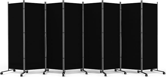 SUNALLY Room Divider 6FT Folding Privacy Screens with Lockable Wheels, 8 Panel Room Partition for Room Separator, 176" W Freestanding Portable Fabric Wall Dividers for Home Dorm Studio Office, Black