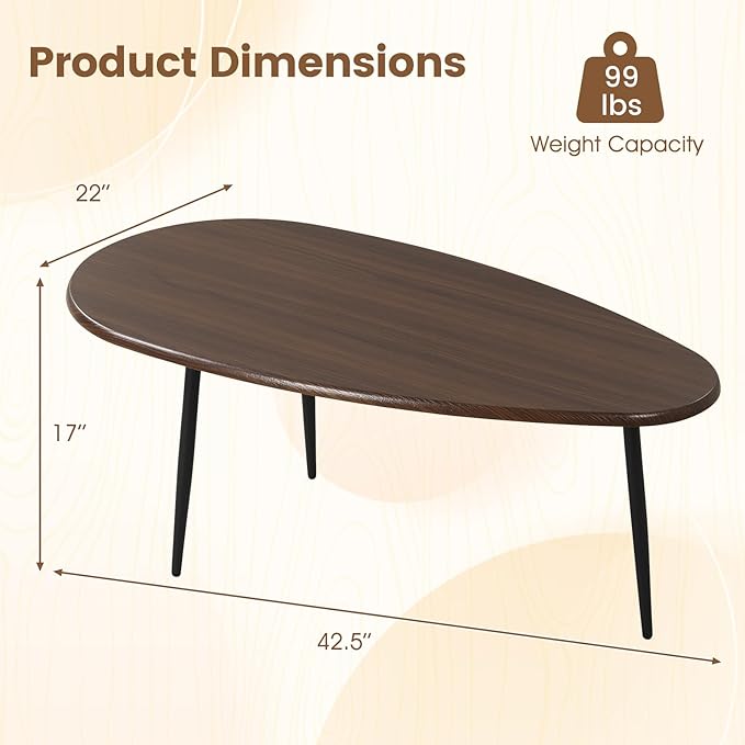 Giantex Oval Coffee Table, Mid Century Modern Center Table with Sturdy Metal Frame and Compact Design, Vintage Accent Cocktail Tea Table, Wood Living Room Tables for Small Spaces (Walnut)