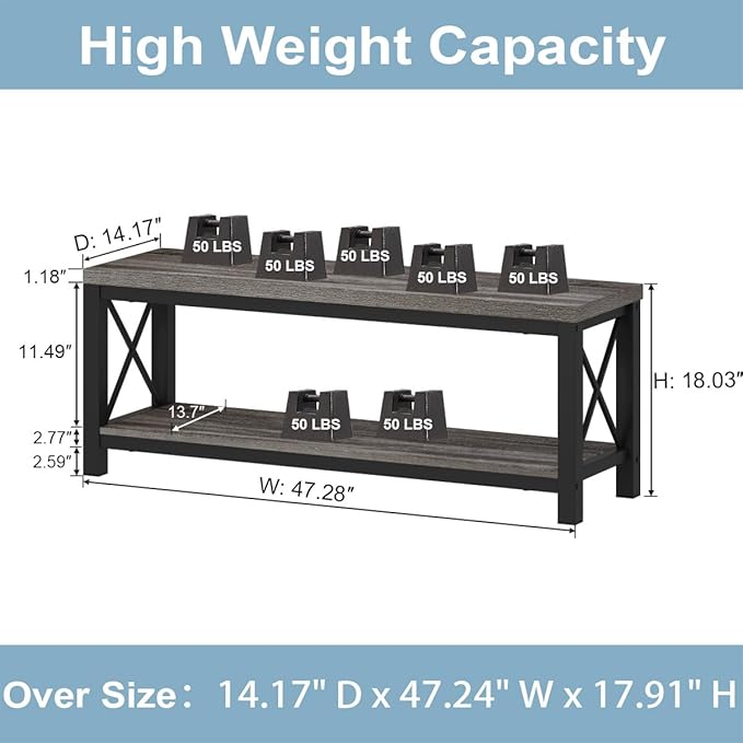 BON AUGURE Entryway Bench with Shoe Storage, 47" Modern Industrial Wood & Metal Hallway Bench for Mudroom, Living Room in Dark Grey Oak