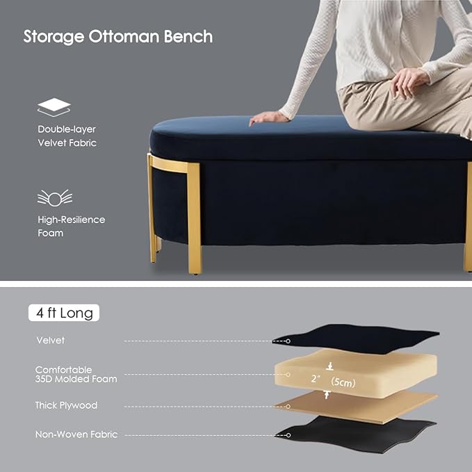 Hyfirm 48" Black and Gold Velvet Storage Ottoman Bench, 4ft Modern Mid Century Upholstered Stool with Padded Seat, Long Oval Settee for Bedroom, Living Room, End of Bed, Sofa Couch, Entryway, Hallway