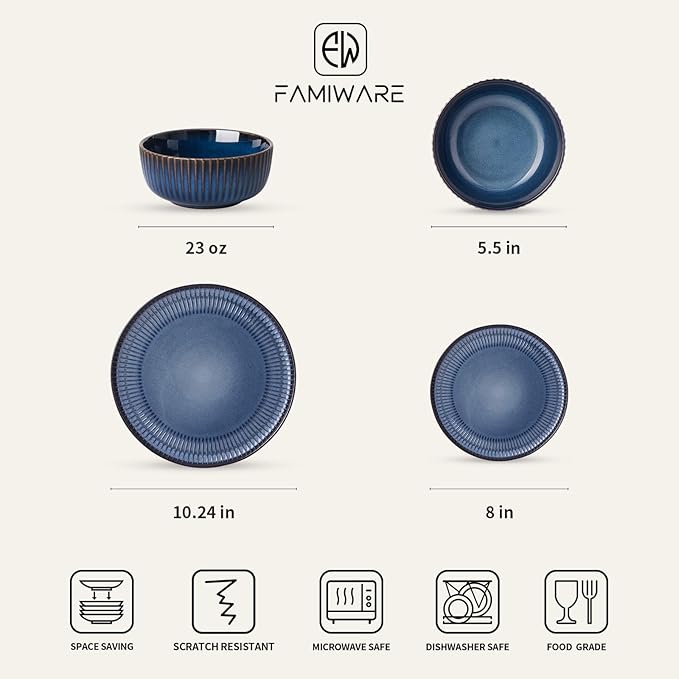 Famiware Starlight 18-Piece Plates and Bowls Sets for 6, Stoneware Dinnerware with Ribbed Textured, Handcrafted Reactive Glaze Dishes - Dishwasher & Microwave Safe, Chip/Scratch Resistant, Starry Blue