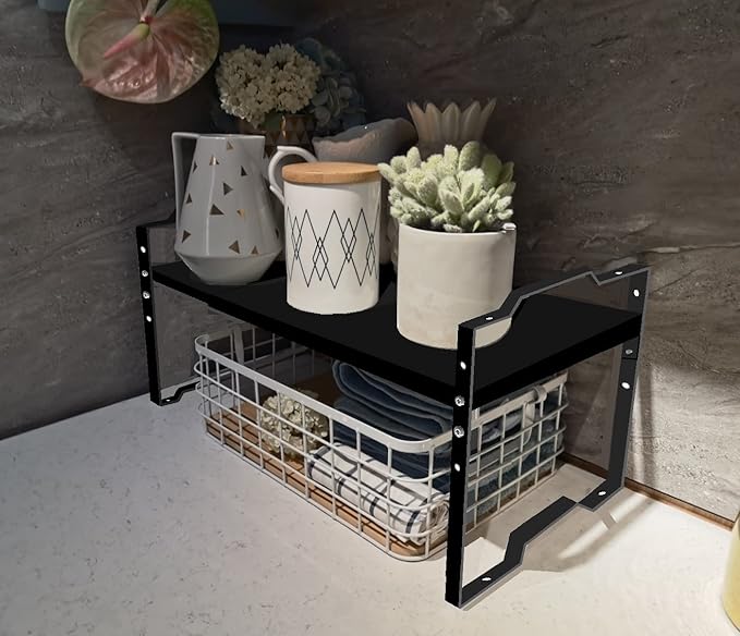 Jojocross Expandable Shelf for Cabinet Organizer Adjustable Stackable Spice Rack at Kitchen and Bathroom More, Counter Countertop Cupboard Organization Pantry Storage(MEDIUM/1PACK/BLACK)