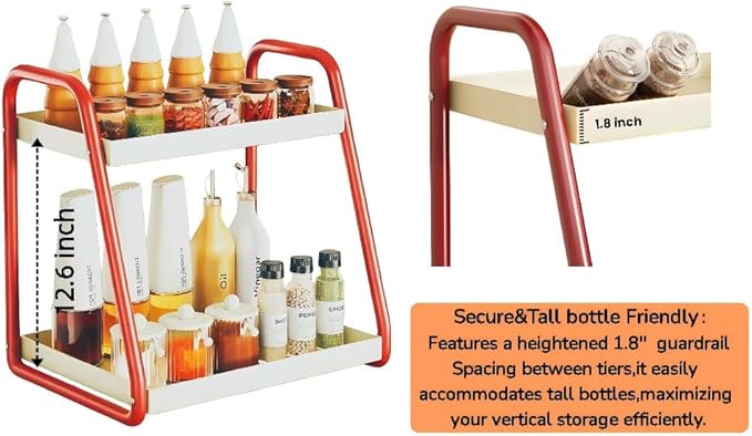 2 Tier Metal Spice Rack Pantry storage tall bottle seasoning Kitchen shelf Coffee syrup rack Coffee Bar accessories Make-up Perfume Organizer for bathroom counter coffee stand countertop Red, 15.8”