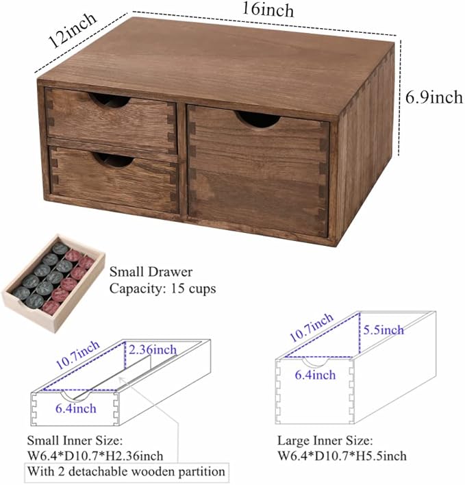 DDYURI Coffee Pods Storage Drawer Holder for Capsules - Multi Functional Desk Organizer Drawers For K cups Coffee Maker Brew - Kitchen Mini Wooden Box Chest Sideboard Counter Organization CF2D3C Dark