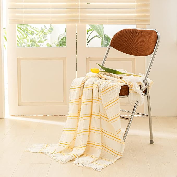 Simple&Opulence Yarn Dyed Striped Cotton Muslin Throw Blanket for Bed, Couch, Knit Woven Blanket with Tassels Soft Lightweight Cozy Pre-Washed Breathable Farmhouse Decoration for All-Season(Yellow)